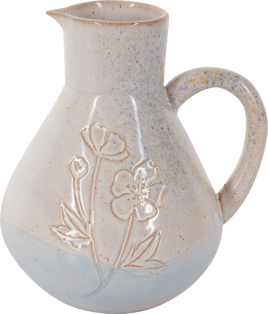 Porzellan-Krug "Blume" blau - LandLust Creme-weißer Keramikkrug mit dezenter Blumengravur und hellblauem Boden.