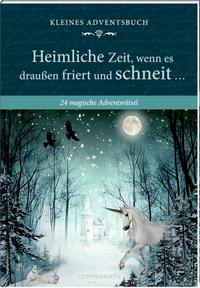 Buchcover mit weiÃŸem Einhorn in verschneitem Wald, mit SchloÃŸ und Vollmond.