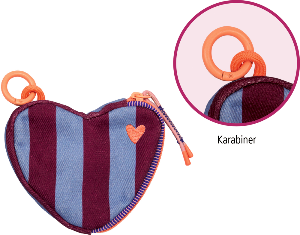 Herzförmiges Etui mit blau-bordeauxfarbenen Streifen, apricotfarbenem Reißverschluss und Karabiner.