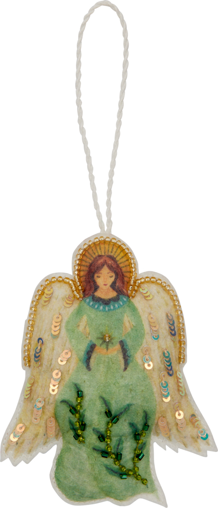Grünes Engel-Ornament mit goldenem Heiligenschein sowie Paillettenflügeln und geflochtener Aufhängeschlaufe.