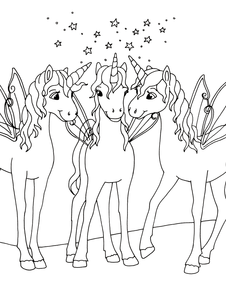 Drei Einhörner mit Flügeln stehen nebeneinander, über ihren Köpfen sind Sterne auf einfachem Hintergrund.