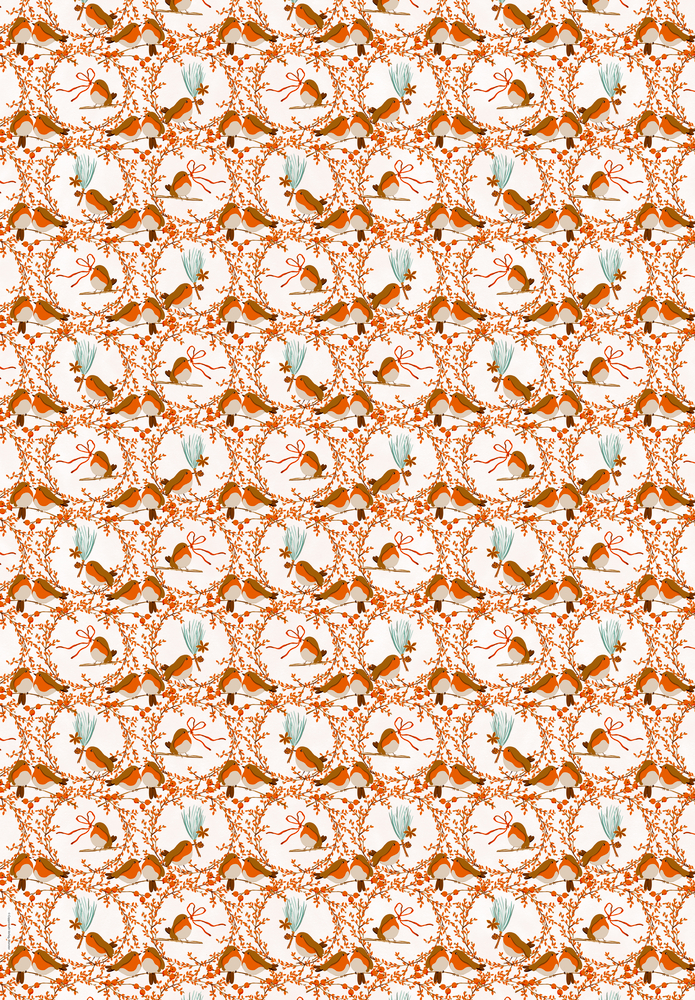 Orange-farbene Rotkehlchen mit orangefarbenen Zweigen und blauen Blättern bilden ein nahtloses Muster auf weißem Hintergrund.