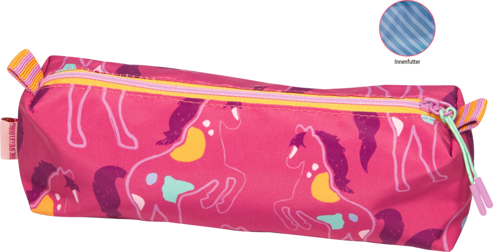 Pinkfarbenes Federmäppchen mit orangefarbenem Reißverschluss und bunten Pferdeillustrationen.