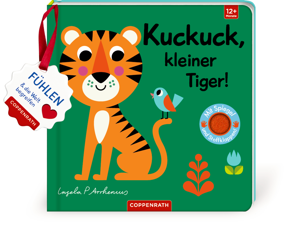 Mein Filz-Fühlbuch: Kuckuck, kleiner Tiger! (Fühlen & begreifen) Kinderbuchcover: illustrierter Tiger und Vogel, mit dem Titel „Kuckuck, kleiner Tiger!“.