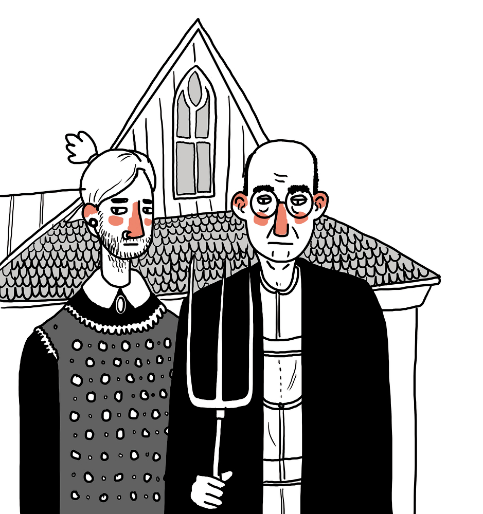 Cartoon: Zwei ernste Personen mit Mistgabel vor einem Bauernhaus.