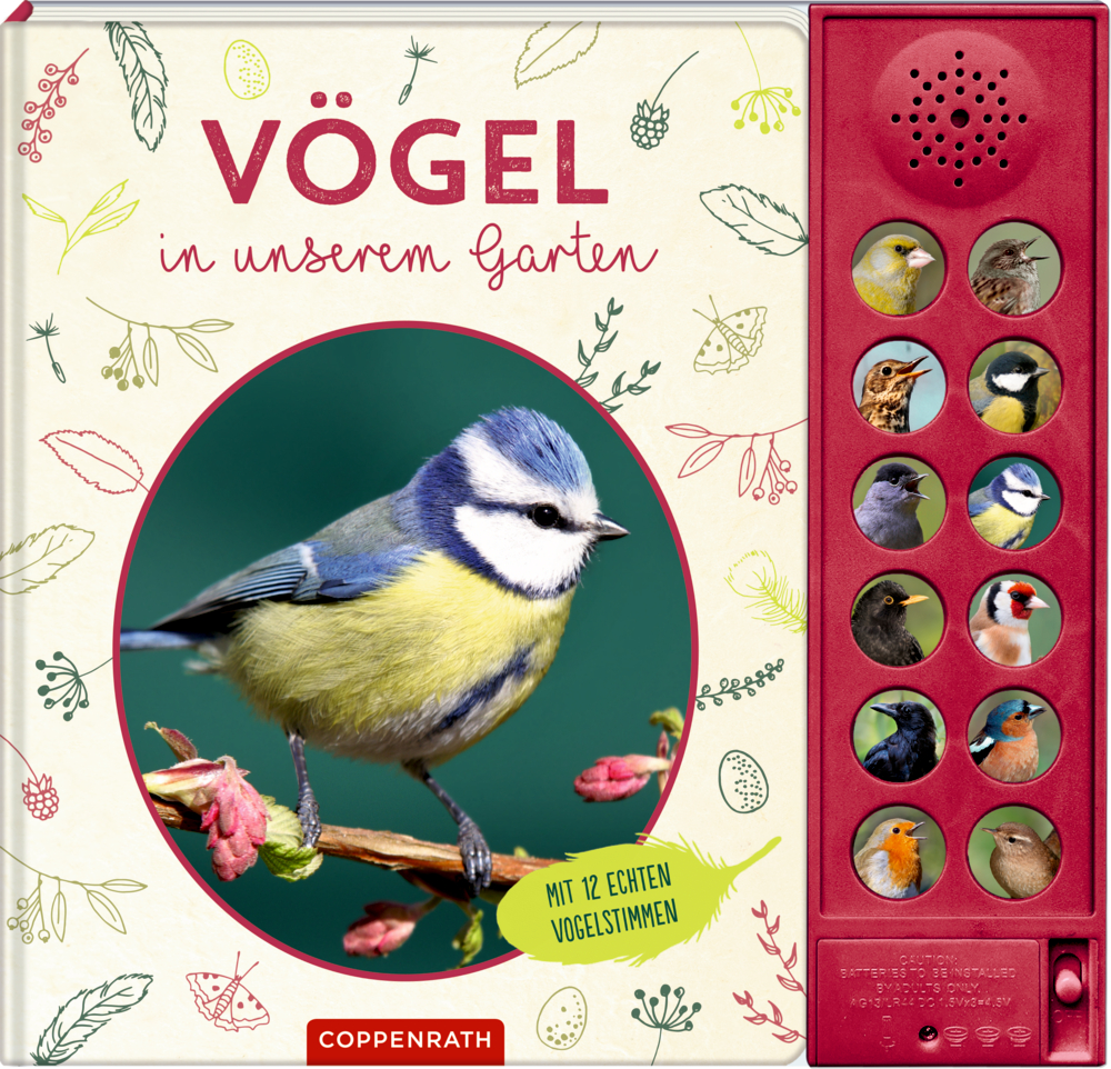 Buchcover mit einer Blaumeise, Titel Vögel in unserem Garten, daneben Tasten mit Abbildungen verschiedener Vögel.