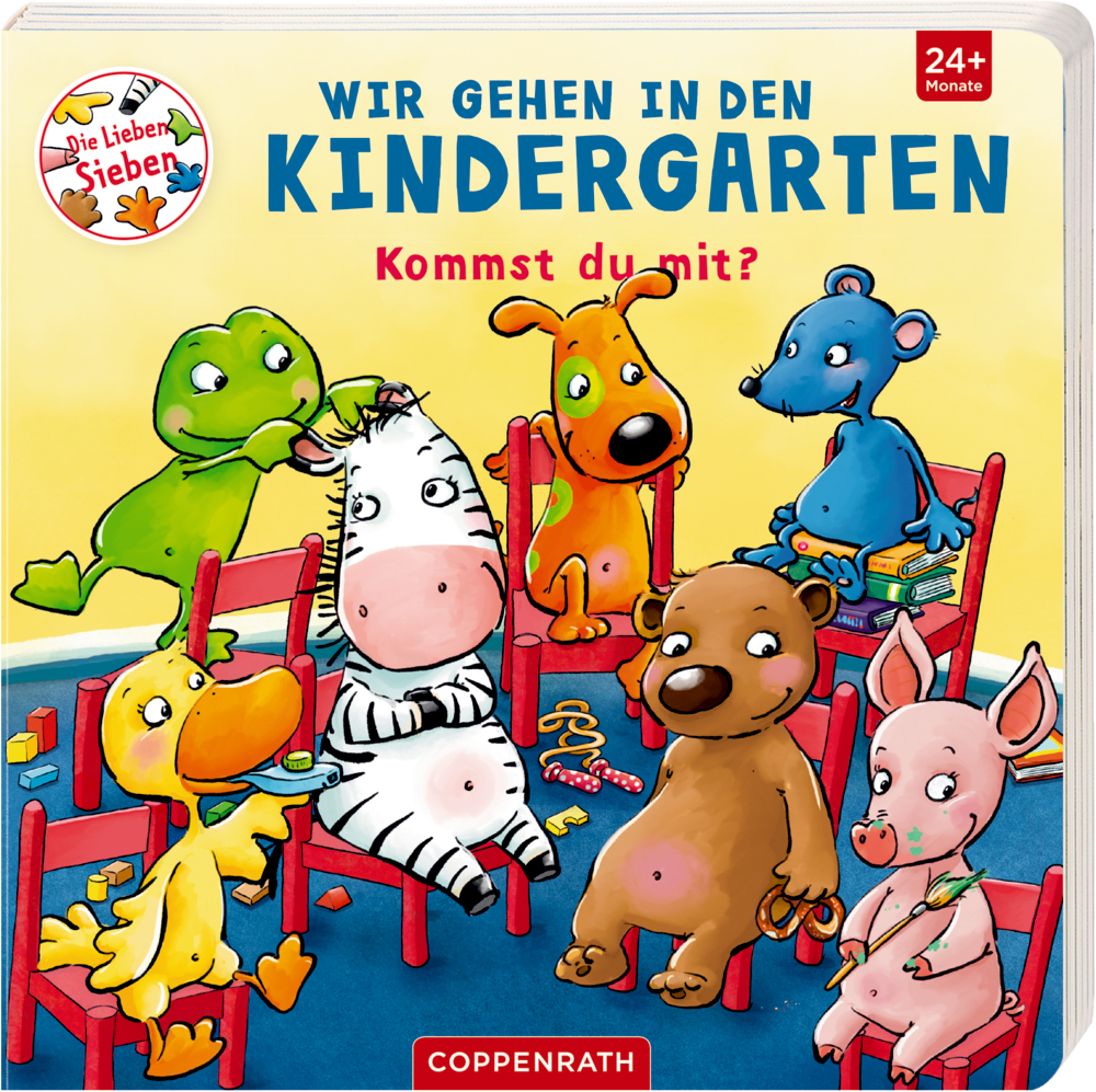 Wir gehen in den Kindergarten - Kommst du mit? (Die Lieben Sieben) SiebenTiere sitzen im Kreis auf roten Stühlen.