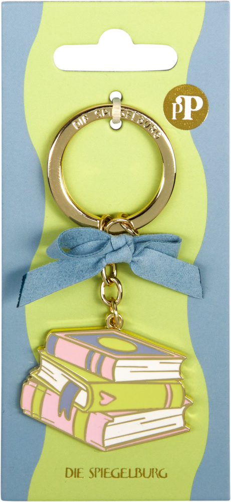 Gold Keychain mit blauem Schleifenband und Anhänger aus drei gestapelten Büchern auf grün-blauer Karte.
