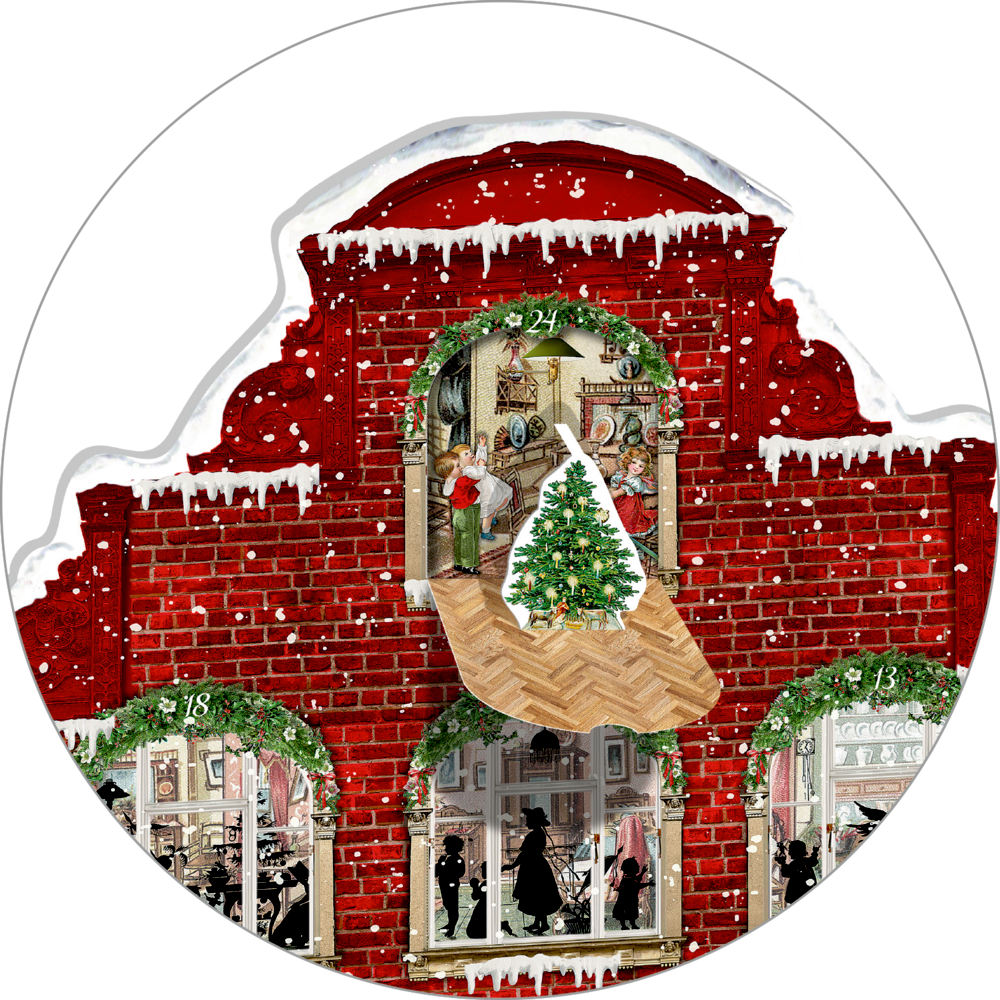 BacksteingebÃ¤ude mit Weihnachtsschmuck. Durch ein offenes Fenster ist ein geschmÃ¼ckter Baum zu sehen.