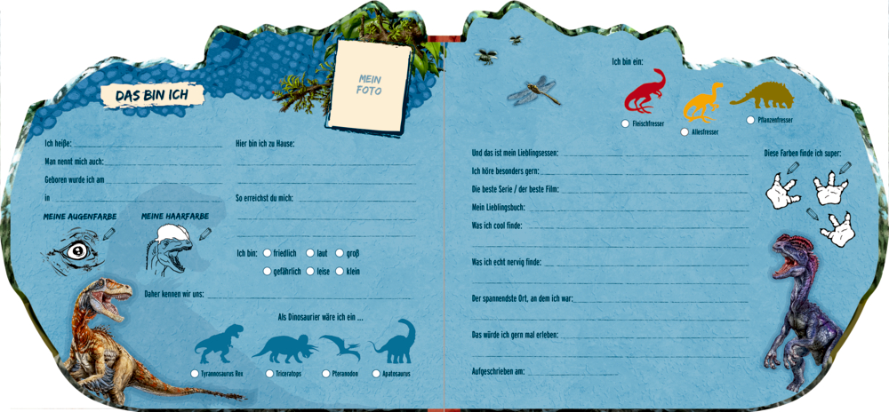 Infografik: Vorteile eines Freundebuchs, mit gezeichnetem Dinosaurier unten rechts.