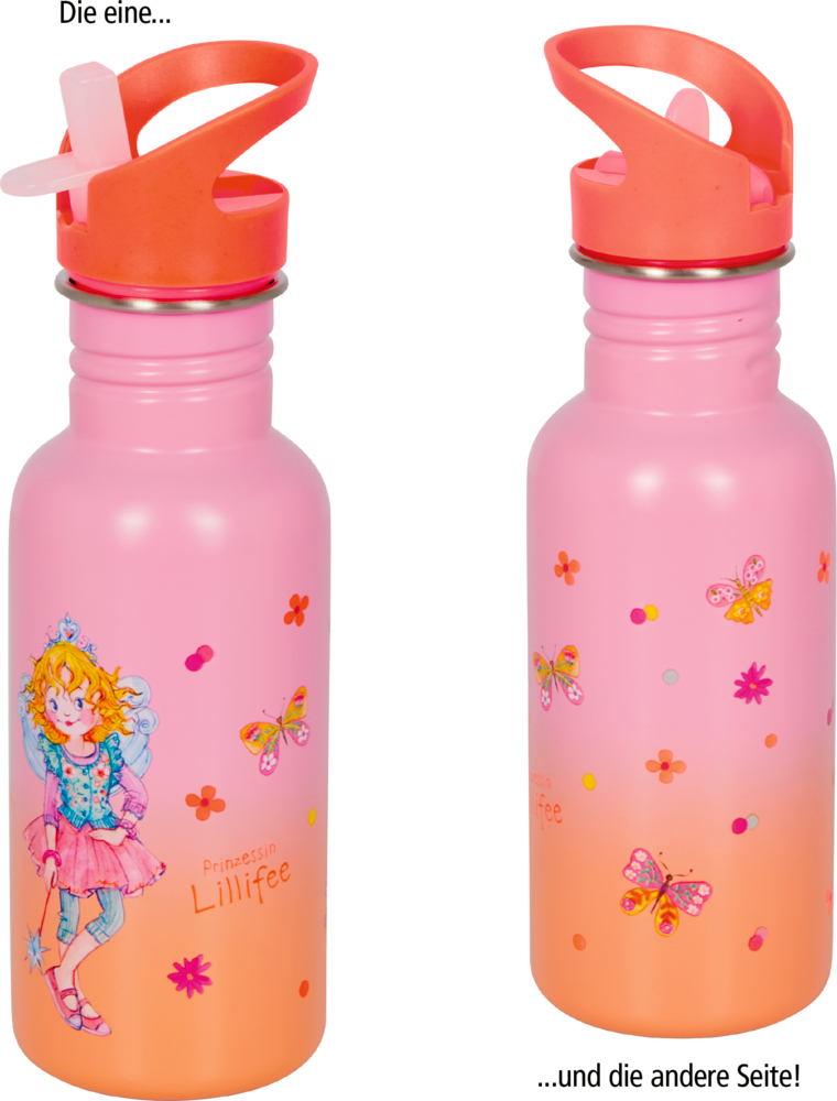 Rosa Trinkflasche von Prinzessin Lillifee mit Schmetterlingsmotiven, aus zwei Blickwinkeln gezeigt, mit orangem Deckel.