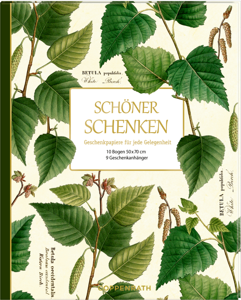 Geschenkpapier-Buch - Schöner schenken - Sammlung Augustina Botanischer Bucheinband mit Birkenblättern und Kätzchen, betitelt „Schöner Schenken“.