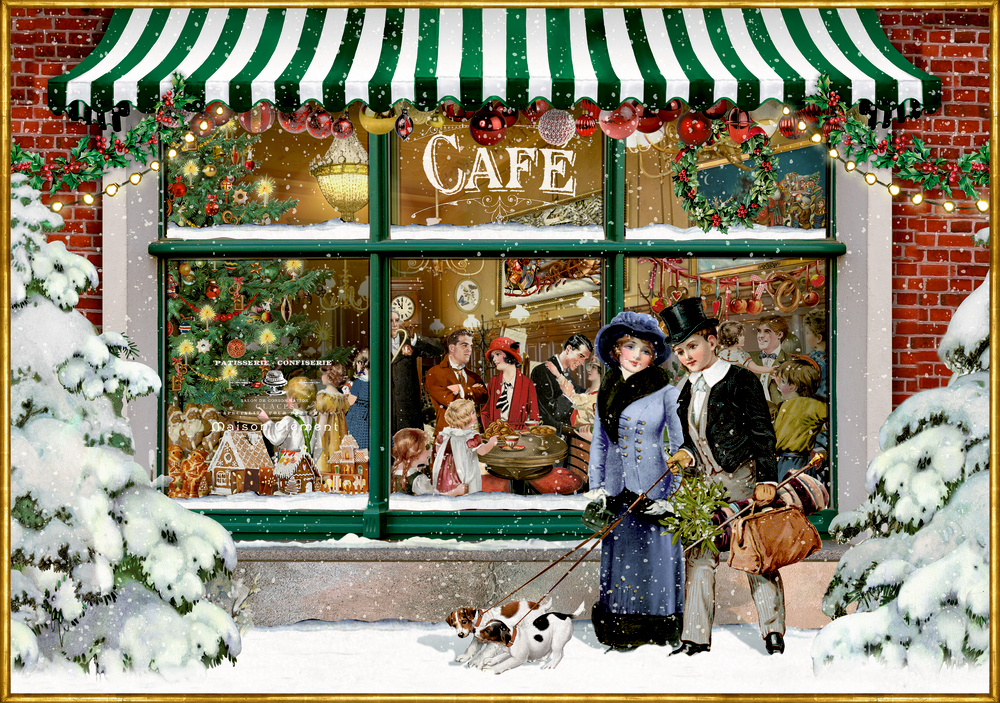 Viktorianisches Paar mit Hund vor verschneitem Café-Fenster mit Weihnachtsbaum und festlichen Gästen.