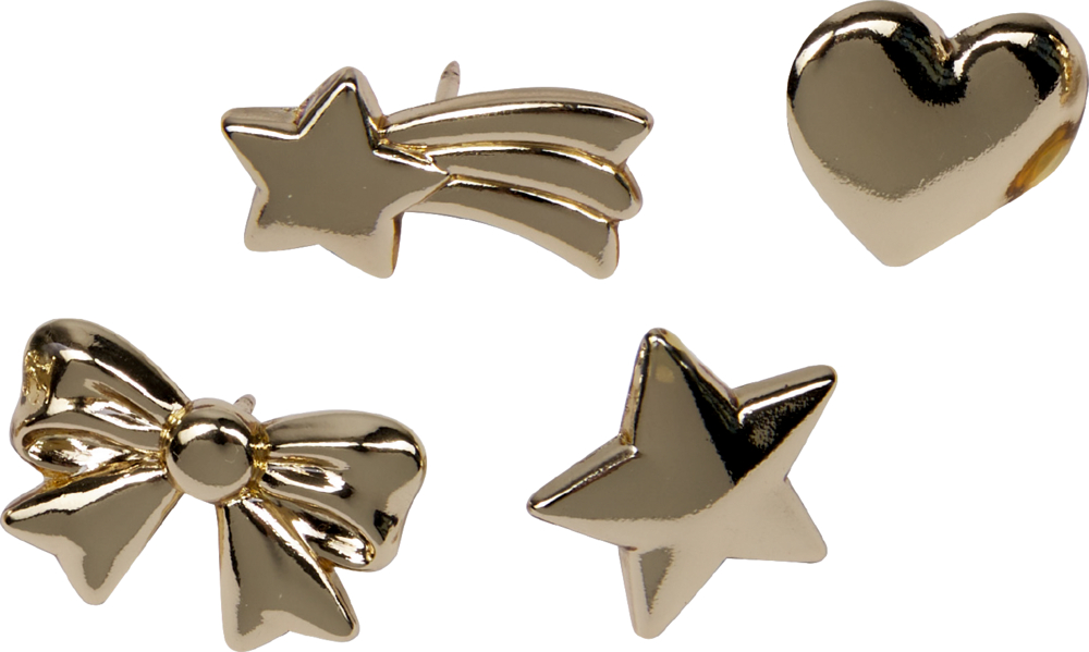 Vier goldfarbene Kerzen-Pins in Form von Stern, Herz, Schleife und Sternschnuppe.