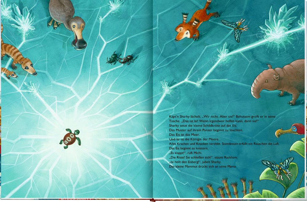 Prähistorische Tiere und Insekten versammeln sich um einen leuchtenden Riss im Eis der von einer Schildkröte ausgeht, r Text ist auf der Doppelseite sichtbar.