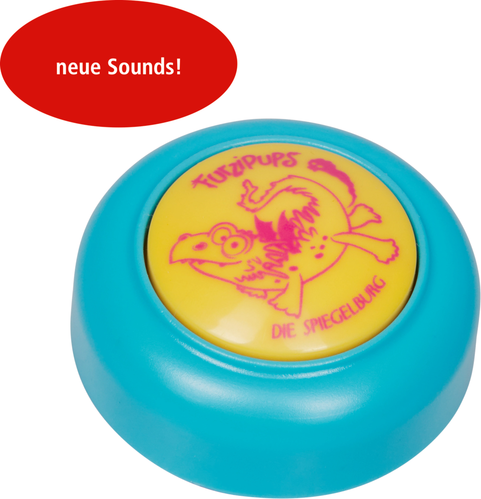 Blauer Pups-Button mit gelber Mitte, Cartoon-Tier und dem Text „neue Sounds!“ darüber.