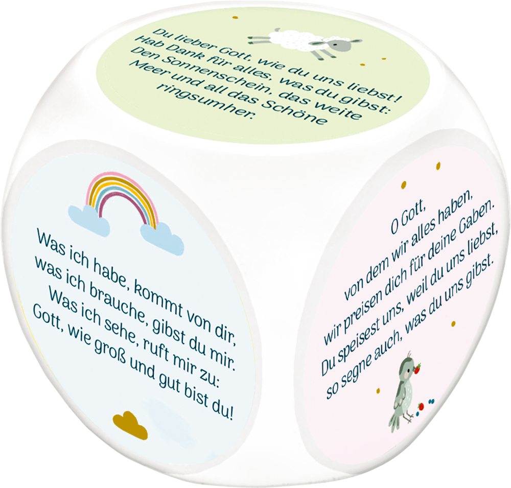 Gebetswürfel - Alle guten Gaben Würfel mit Gebeten und bunten Schaf-, Regenbogen- und Vogelillustrationen auf den Seiten.