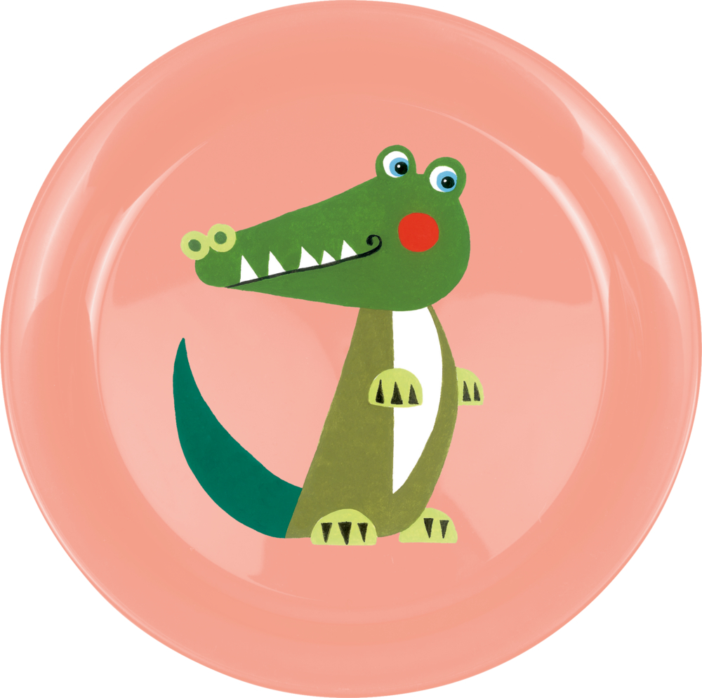 Teller Krokodil - Freche Rasselbande Niedliches Krokodil auf einem pfirsichfarbenen Kinderteller.