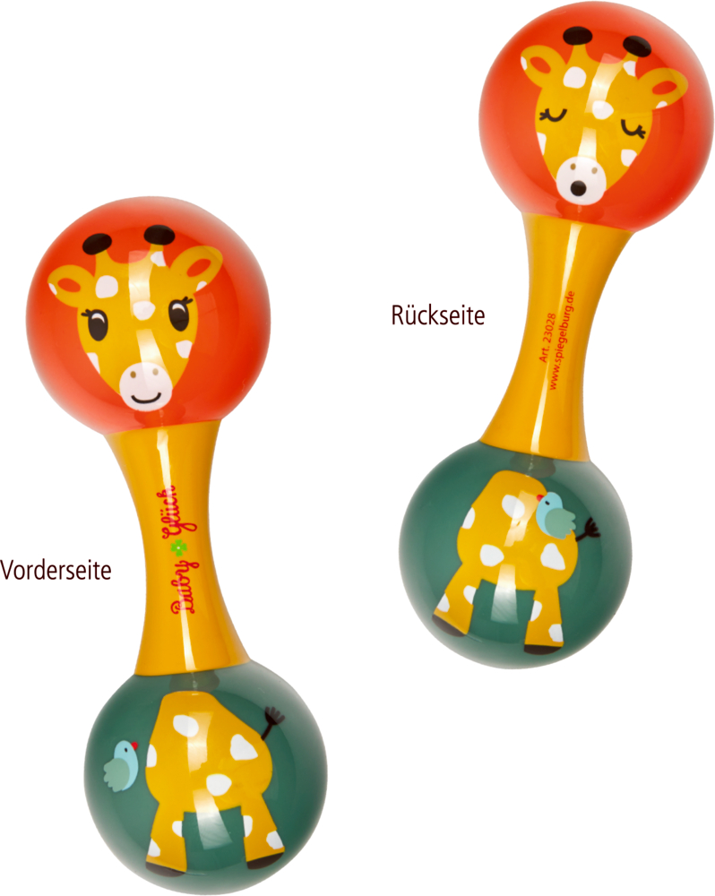 Bunte Babyrassel mit Giraffe und Vogel von zwei Seiten gezeigt.