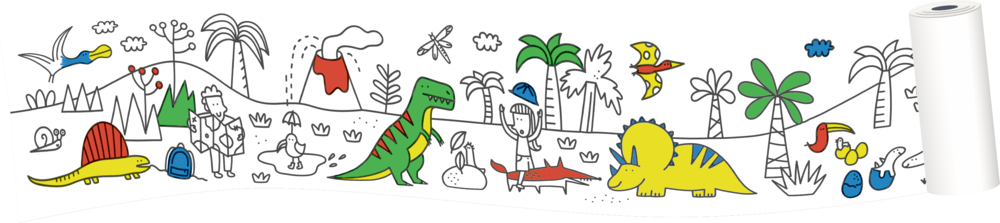 Dinosaurier-Szene zum Ausmalen mit Vulkanen und Pflanzen, während zwei Personen eine lebendige prähistorische Landschaft erkunden.