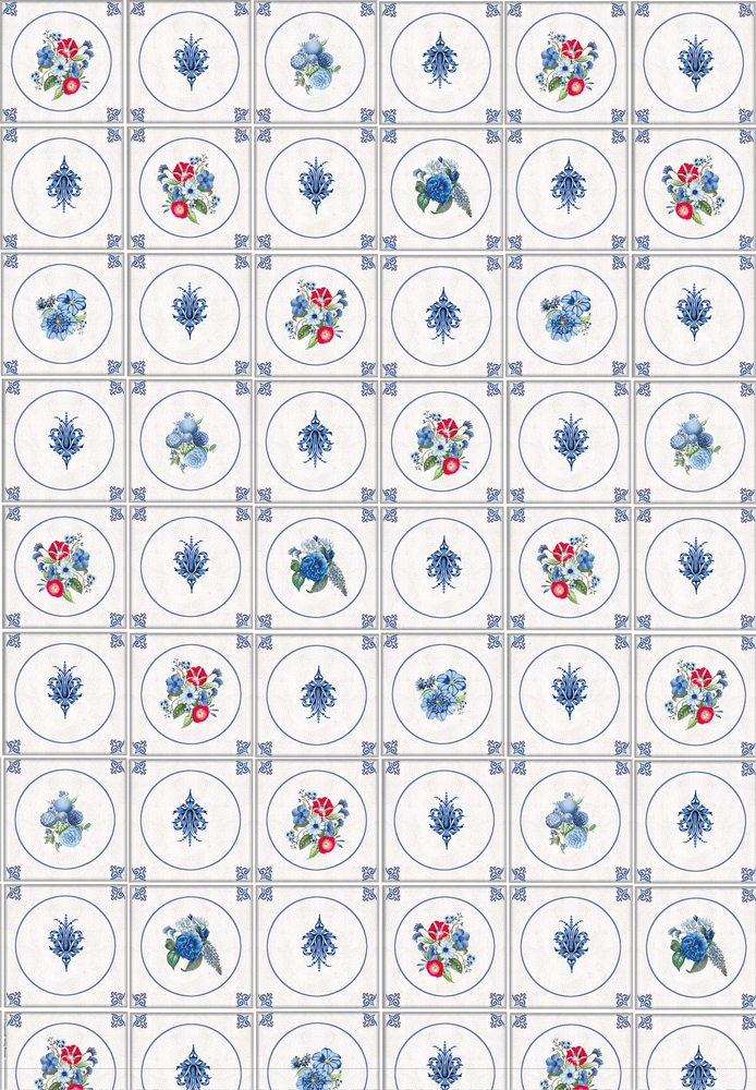 Nahtloses Kachelmuster aus blauen oder bunten Blumenkreisen auf weißem Hintergrund.