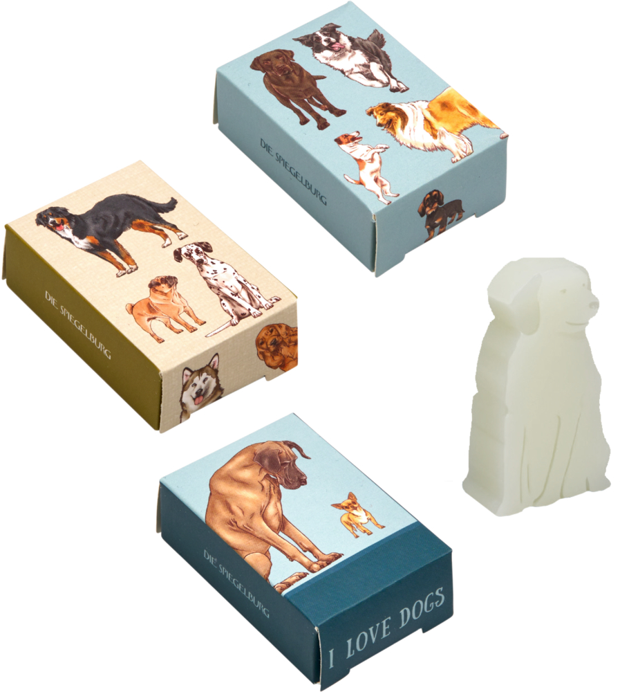 Kleine Handseife Hund - I love dogs (cats & dogs) Drei Seifenschachteln mit Hundeabbildungen und daneben eine weiße Seife in Hundeform.