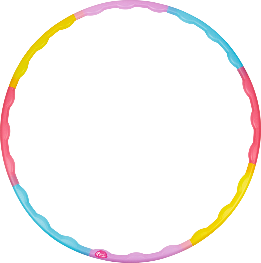 Hula-Hoop-Reifen - Einhorn-Paradies Bunter Hula-Hoop-Reifen aus Kunststoff mit gewellten rosa, gelben, blauen und violetten Segmenten auf weißem Hintergrund.