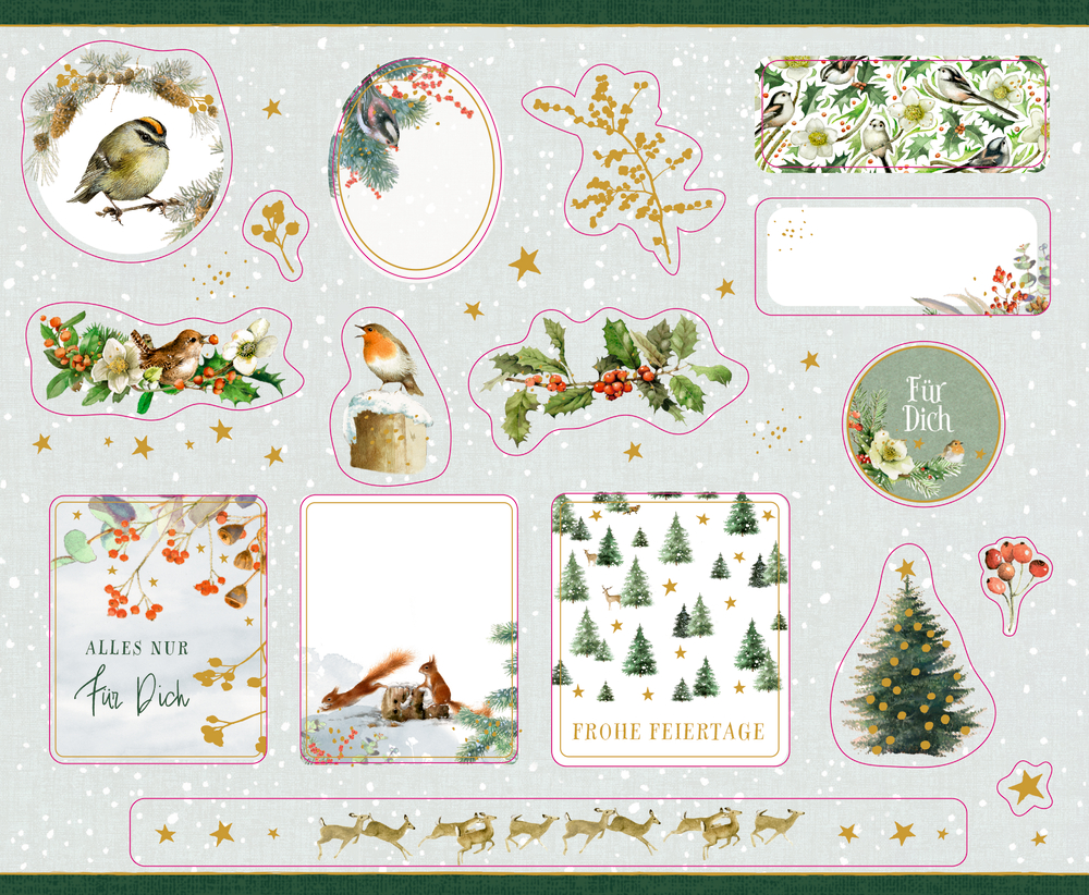 Stickerbogen mit Wintervögeln, Tannenbäumen, Geschenken und Feiertagsgrüßen.