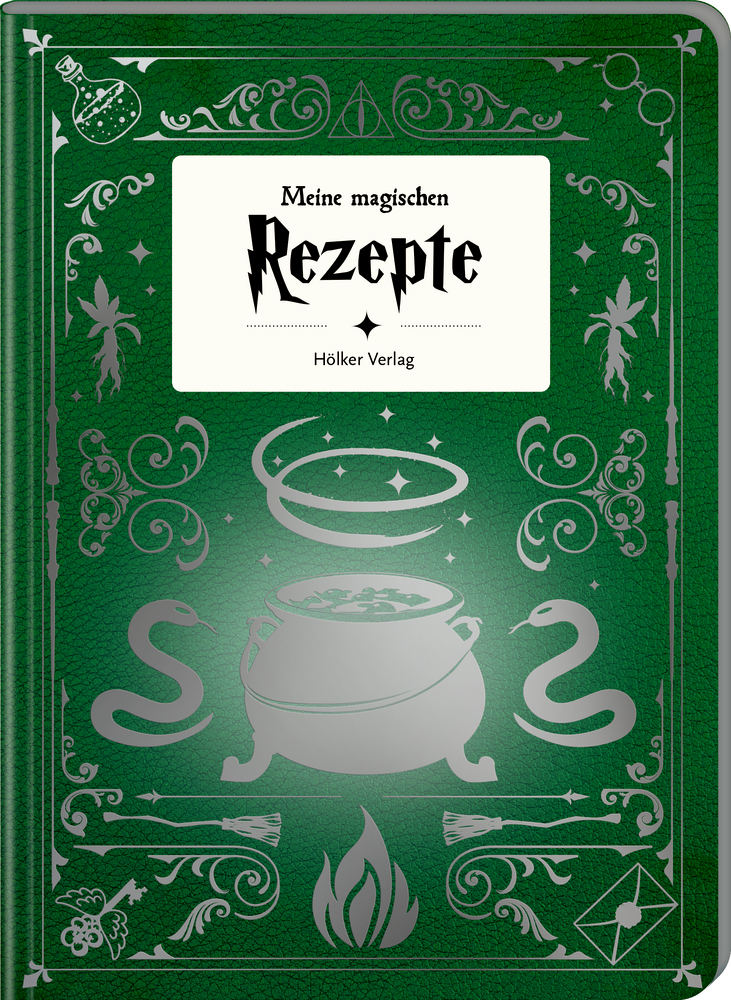 Grüner Bucheinband mit magischen Symbolen, einem Kessel, zwei Schlangen und dem Titel „Meine magischen Rezepte“.