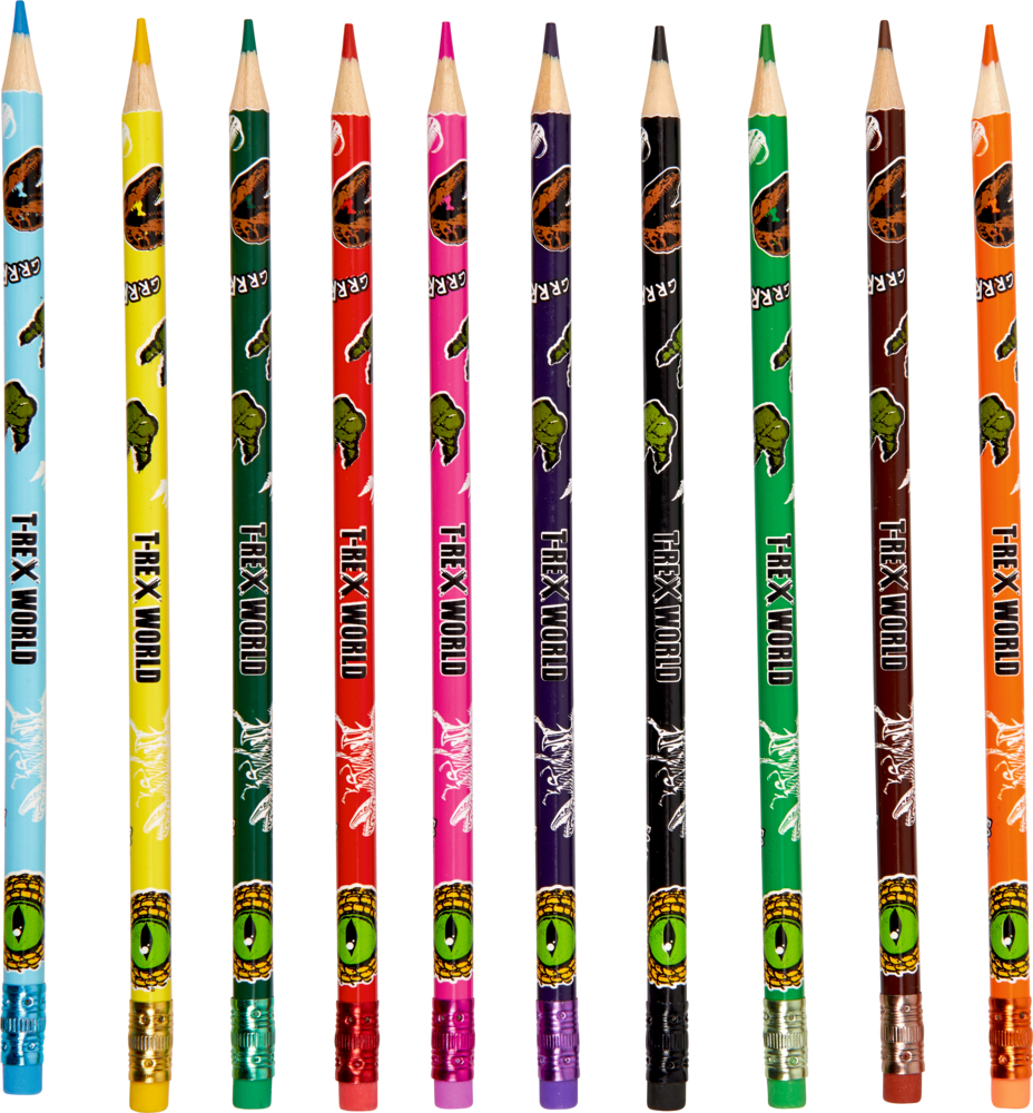 Zehn aufrechte Bleistifte, jeder mit einem einzigartigen, farbenfrohen Dinosaurier-Design, sind in einer Reihe angeordnet.
