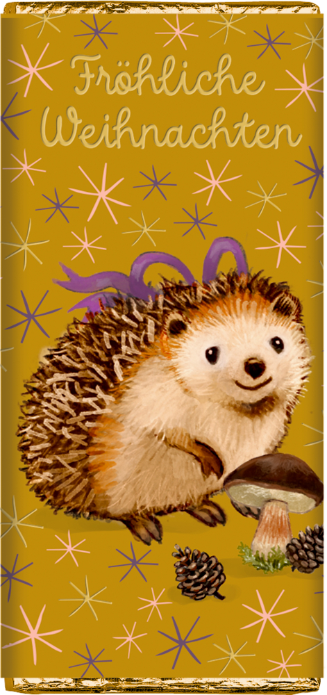 Niedlicher Igel mit lila Schleife, Tannenzapfen, Pilz auf einer Schokoladenverpackung mit goldenem Hintergrund, mit „Fröhliche Weihnachten“.