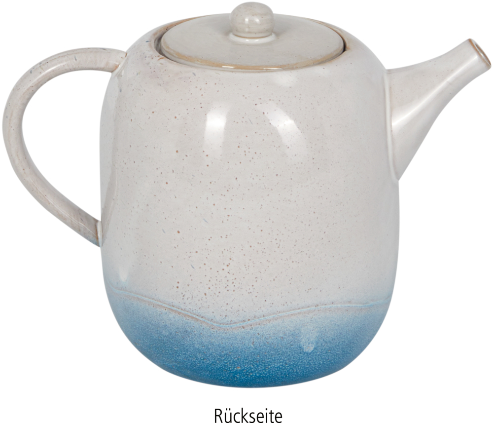 Beige und blaue Keramikteekanne mit Deckel und gebogenem Griff, vor weißem Hintergrund.