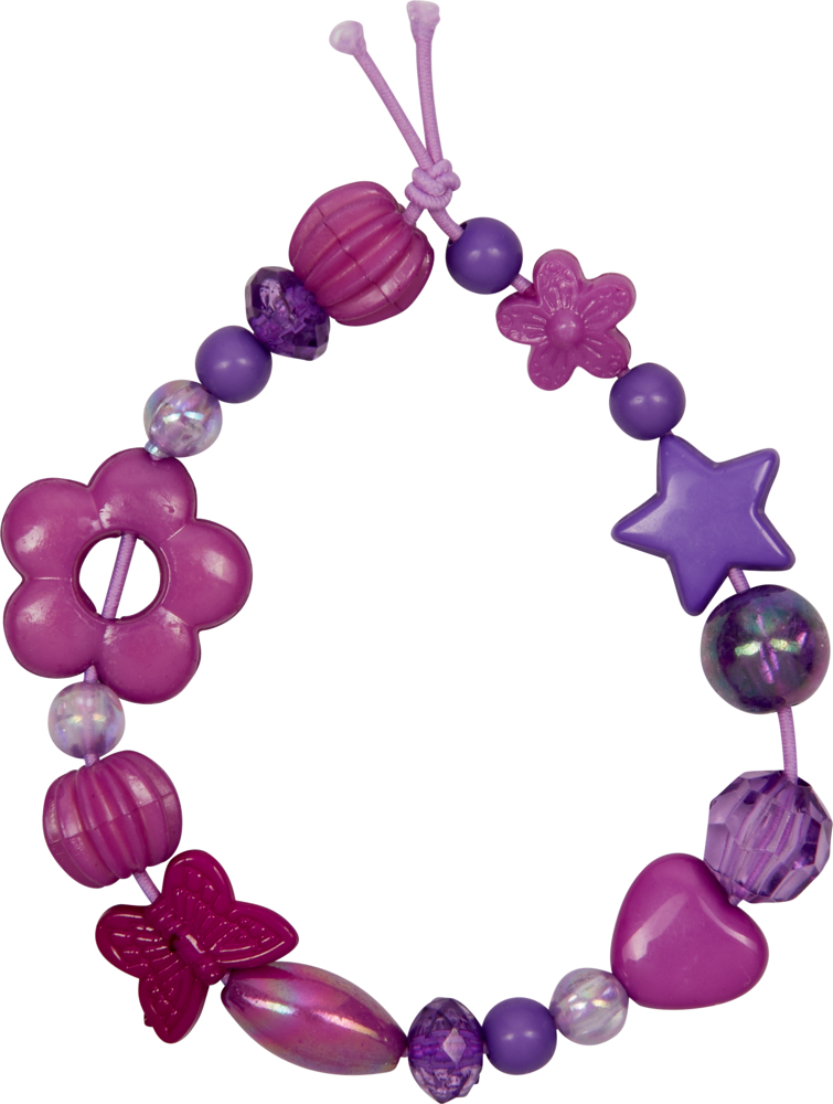 Lila Perlenarmband mit Blumen-, Stern-, Schmetterlings- und herzförmigen Perlen auf einer dehnbaren elastischen Kordel.