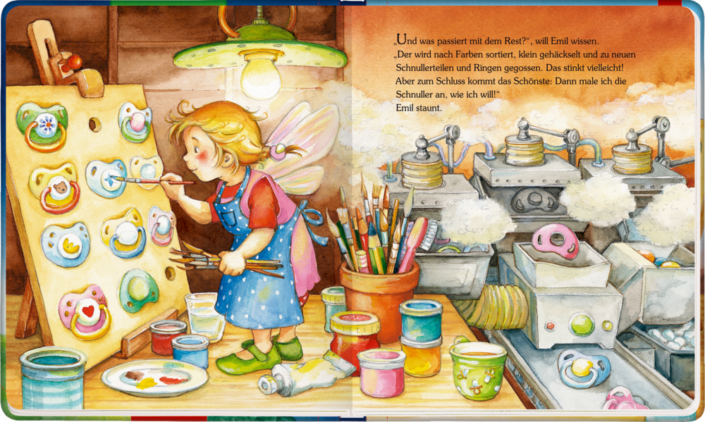 Eine Fee bemalt bunte Schnuller in einer Werkstatt voller Farbdosen und Maschinen.