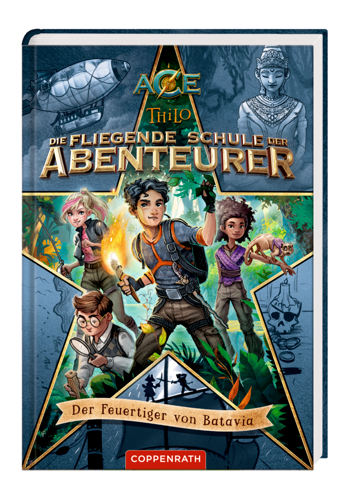 Die fliegende Schule der Abenteurer (Bd. 1) - Der Feuertiger von Batavia Buchcover von „Die fliegende Schule der Abenteurer“ mit vier Kindern und fantasievollen Abenteuerelementen.