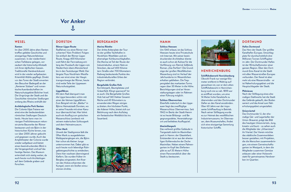 Blau umrandete Magazinseite mit Textspalten sowie kleinen Fotos eines Radfahrers und eines Bootes.