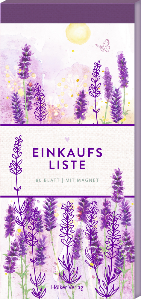 Einkaufsblock mit lila Lavendel, Schmetterling und Schrift vor sonnigem Hintergrund.