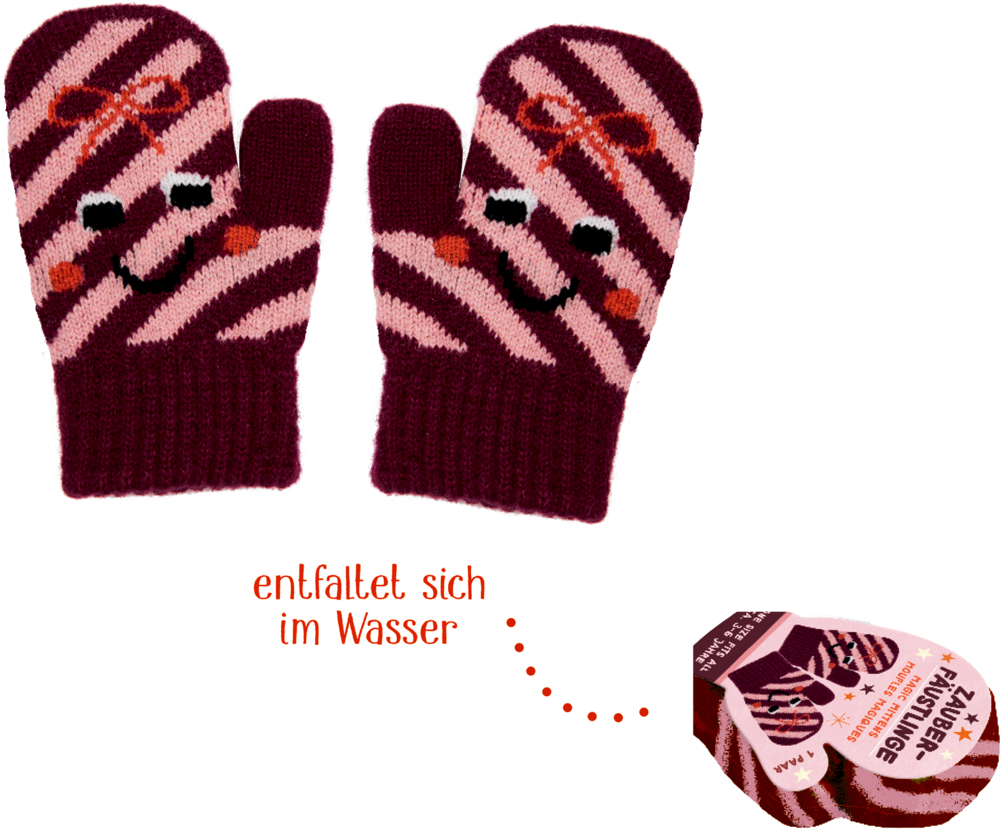 Ein Paar gestrickte Fausthandschuhe in Rosa und Dunkelrot mit Streifen, Gesichtern und Schleifenmotiv, daneben die gepresste Form des Handschuhs.