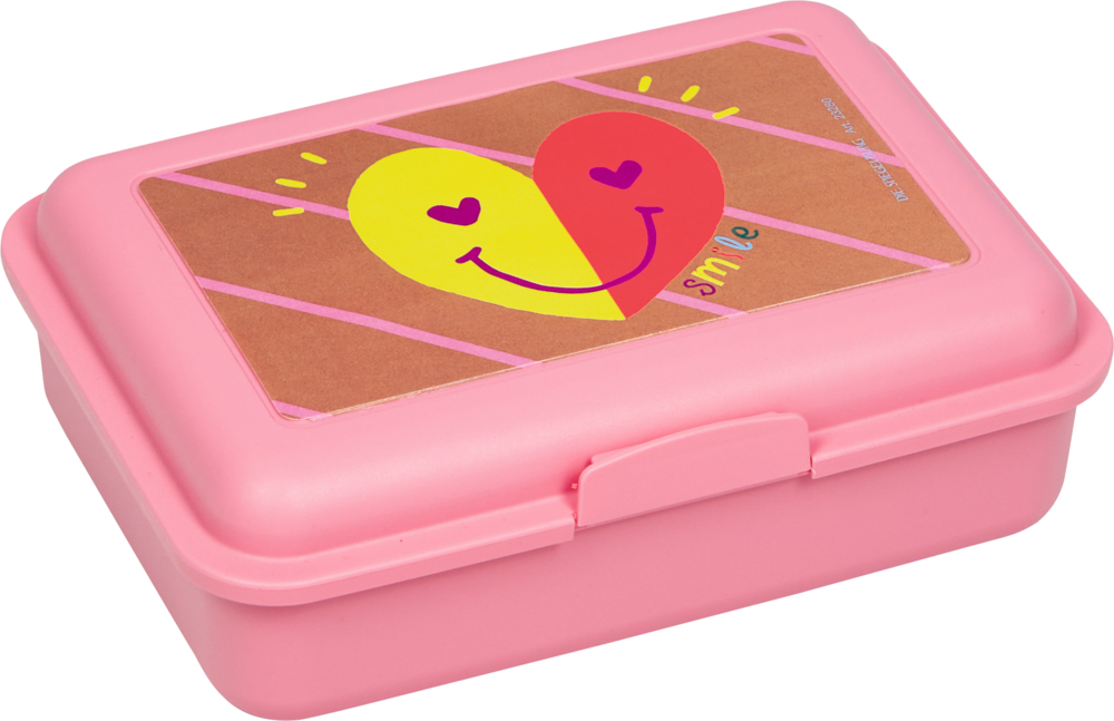 Pinkfarbene Lunchbox mit herzförmigem, lächelndem Gesicht und dem Wort smile auf dem Deckel.