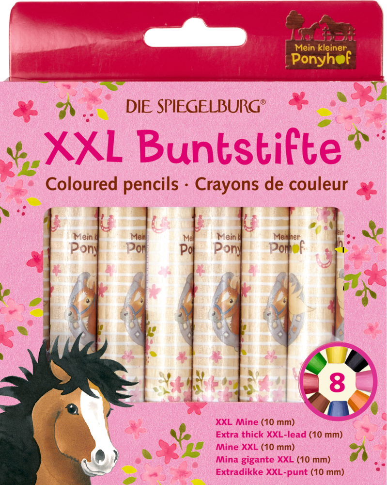 XXL Buntstifte Mein kleiner Ponyhof Buntstiften in einer pinkfarbenen Verpackung mit Pferdemotiven und bunten Blumenakzenten.
