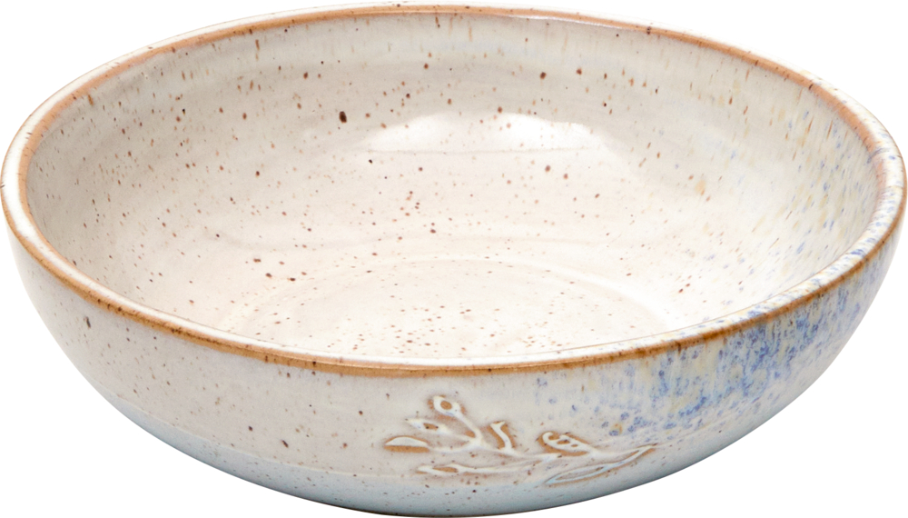 Porzellan-Schale "Blume" blau - LandLust Creme-weiße, flache Keramikschale mit dezenter Blumengravier an der Seite und hellblauem Farbverlauf am Boden.