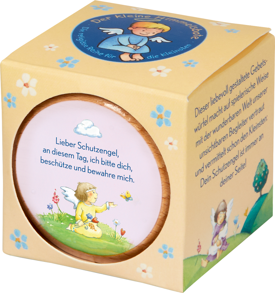 Ein kleiner gelber Würfel mit Gebeten sowie Engel-, Blumen- und Marienkäfer-Illustrationen an den Seiten.