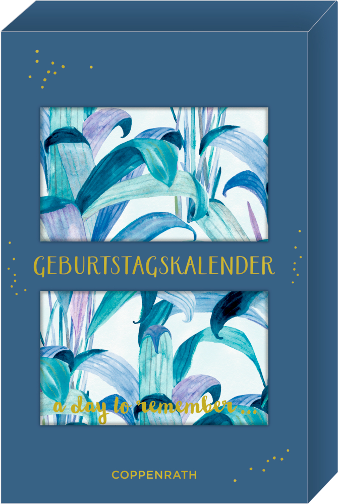 Geburtstagskalender (12 Karten mit Holzfuß) - All about blue Blauer Umverpackung des Geburtstagskalenders mit abstrakten Blättern und goldenem Text: „Geburtstagskalender“ und „Coppenrath“.