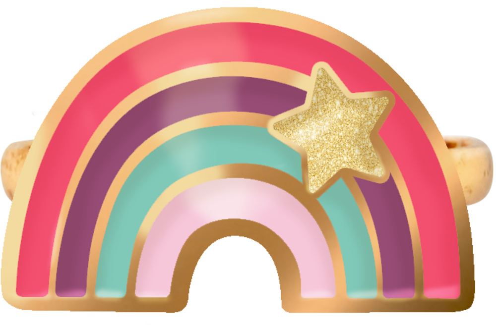 Farbenfroher Regenbogenring mit goldenem Sternakzent und goldener Umrandung auf weißem Hintergrund.