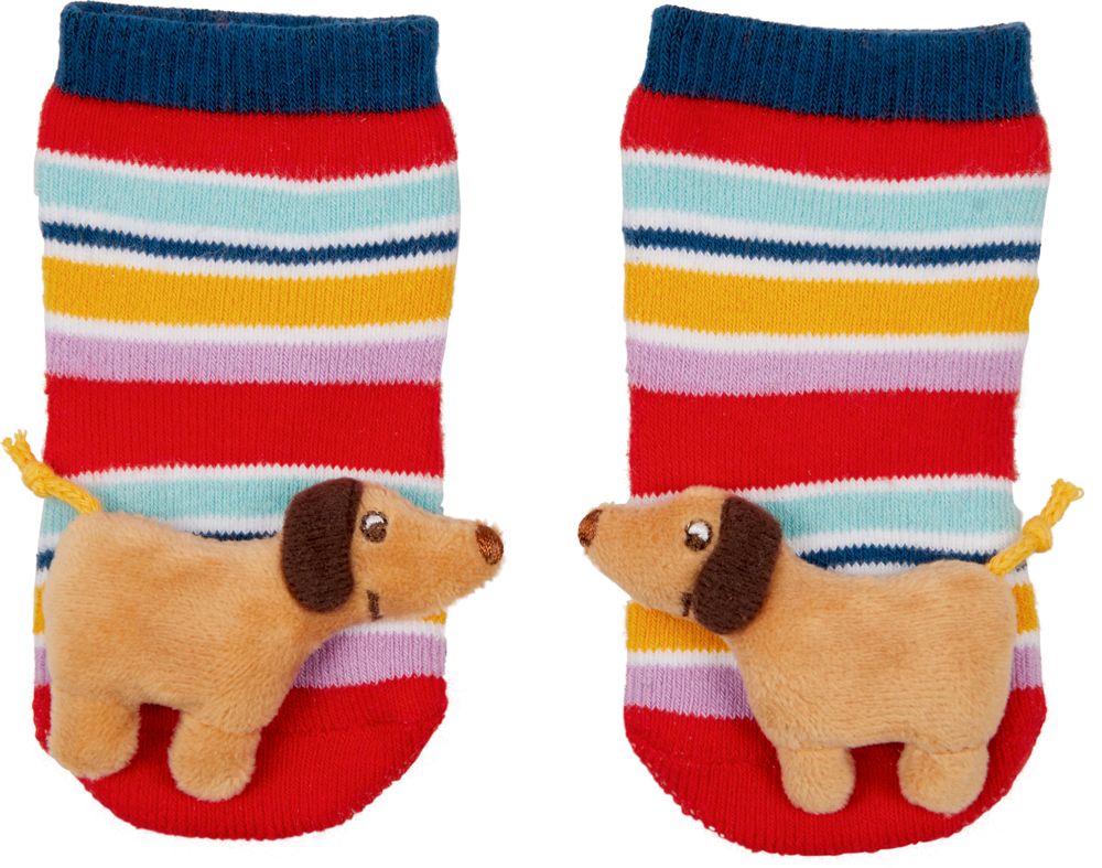 Rasselsöckchen Dackel - BabyGlück, one size (2-12 Mon.) Bunt gestreifte Socken mit plüschigen, hellbraunen Hunden auf den  Zehen, wobei die Hunde einander zugewandt sind.