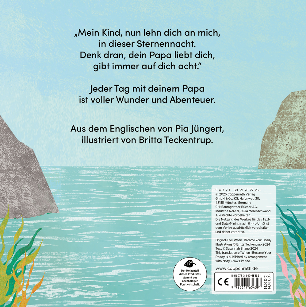 Illustration mit Meer, Felsen und Pflanzen im Wasser, darüber Text auf blauem Hintergrund.