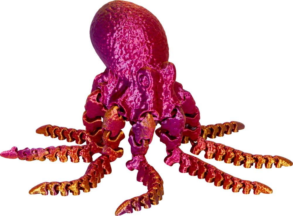 Eine leuchtend pink-orangefarbene Oktopusfigur mit aufwendig strukturierten Tentakeln.