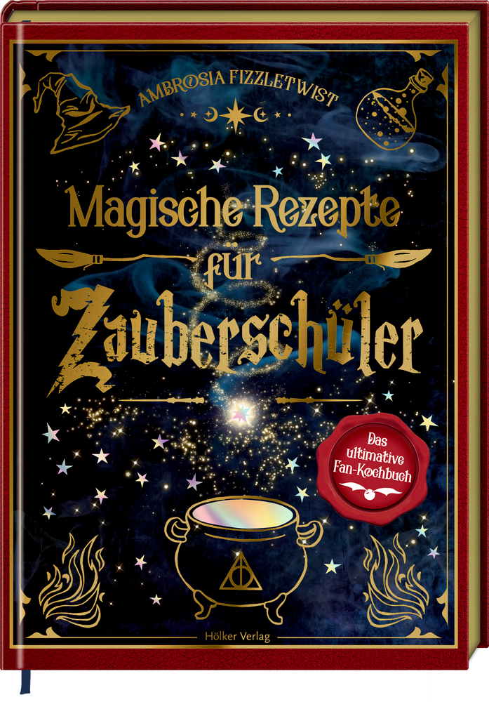 Magische Rezepte für Zauberschüler Magische Rezepte für Zauberschüler: Goldene Schrift und magische Symbole auf dunklem Hintergrund mit Sternen. Daneben Text in alter Schrift.