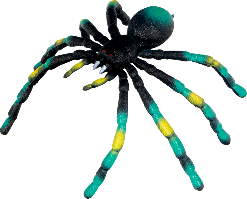 Auf weißem Hintergrund ist eine Spielzeugspinne aus Plastik mit schwarz, grün und gelb gestreiften Beinen abgebildet.