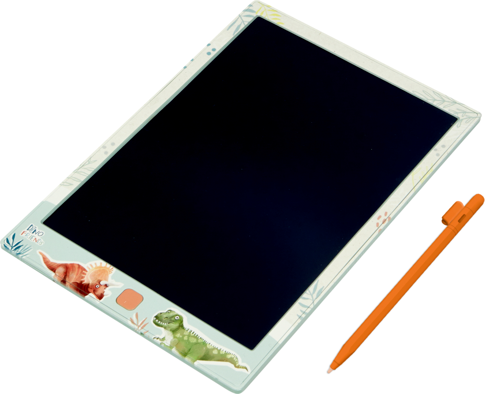 Digitales Schreibtablett mit Dinosaurierillustrationen und einem daneben positionierten orangefarbenen Stift.